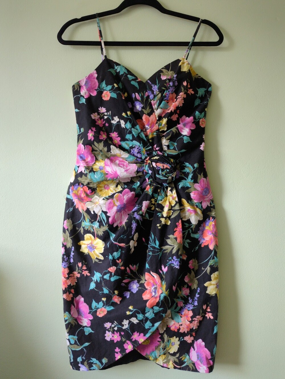 Vintage Cotton Asymmetrical Floral Mini Dress XS Small 80s 90s Rosette